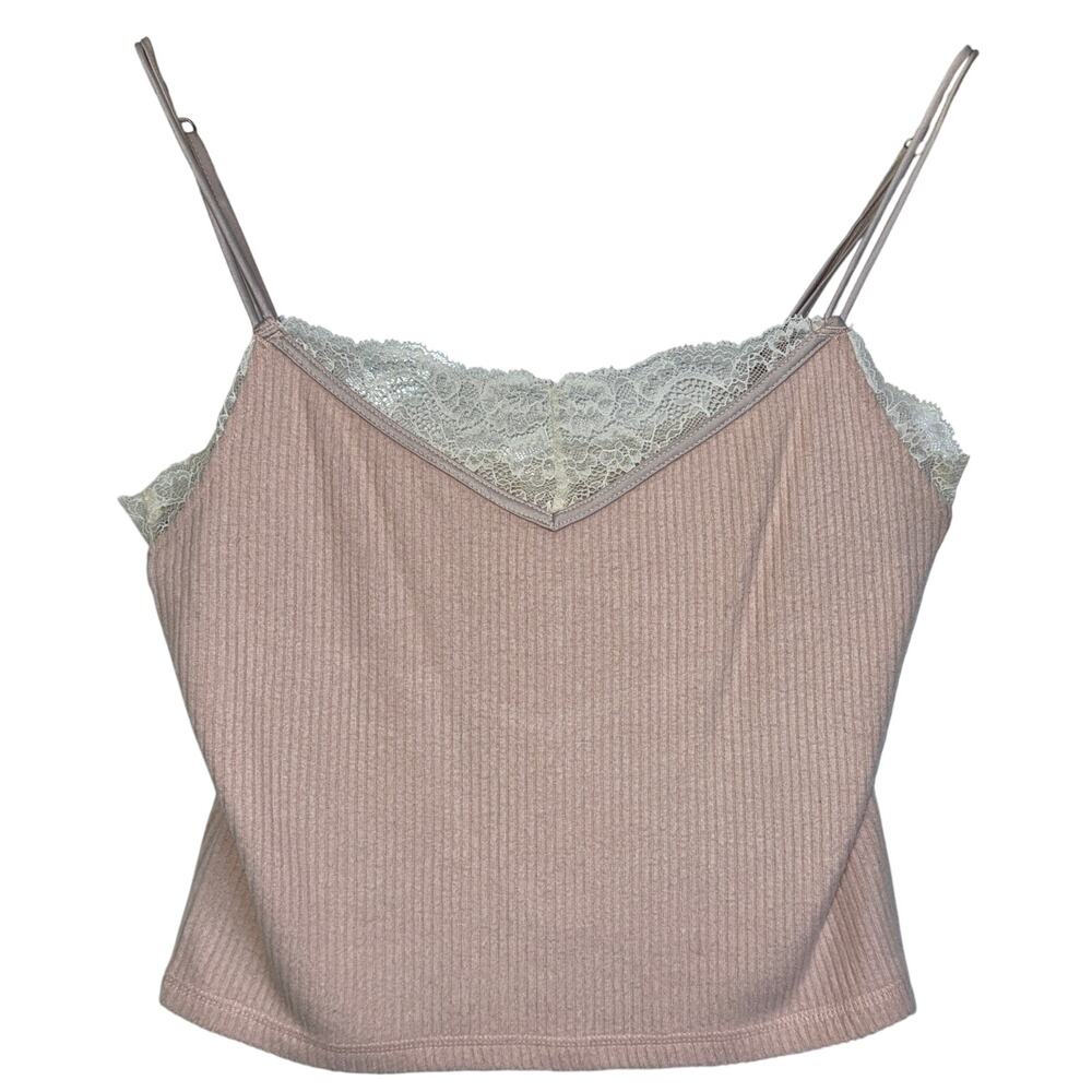 Abercrombie & Fitch Sleepwear Pink Ribbed Knit White Lace Cami Tank Top Size S